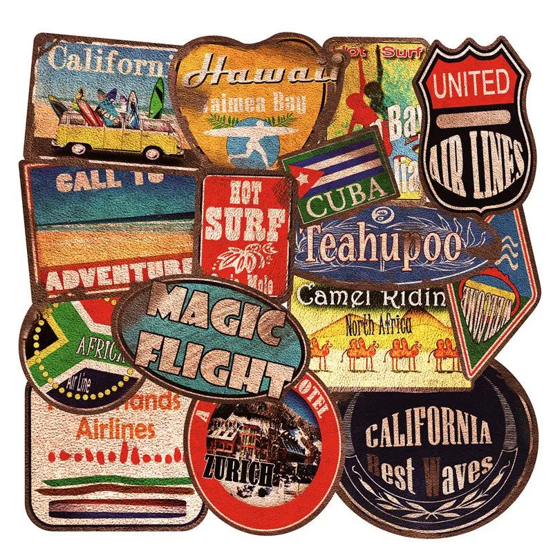 36-Piece Retro Beach & Surf Travel Sticker Set – Large Format Design 2