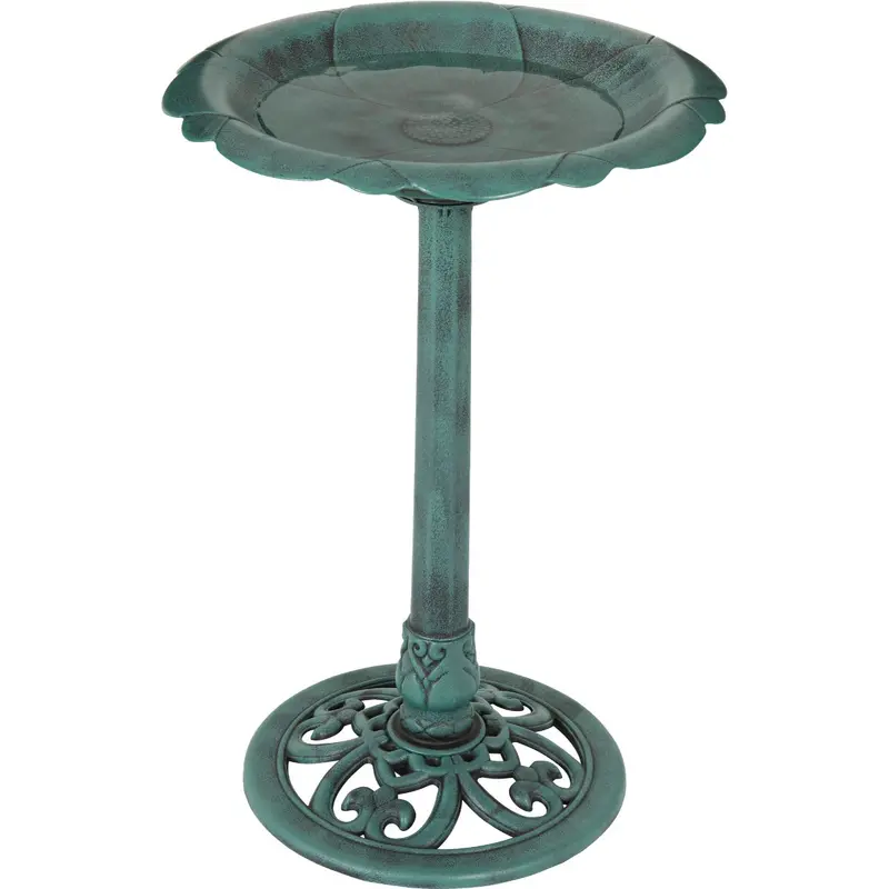 Antique-Style Verdigris Flower Pedestal Bird Bath For Garden Decor 1