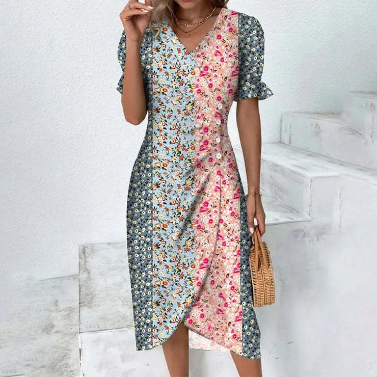 Artistic Collage Print Puff-Sleeve Irregular-Hem Dress 1