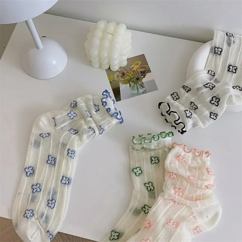 College-Style Mesh Tube Socks With Wooden-Ear & Floral Motifs 1