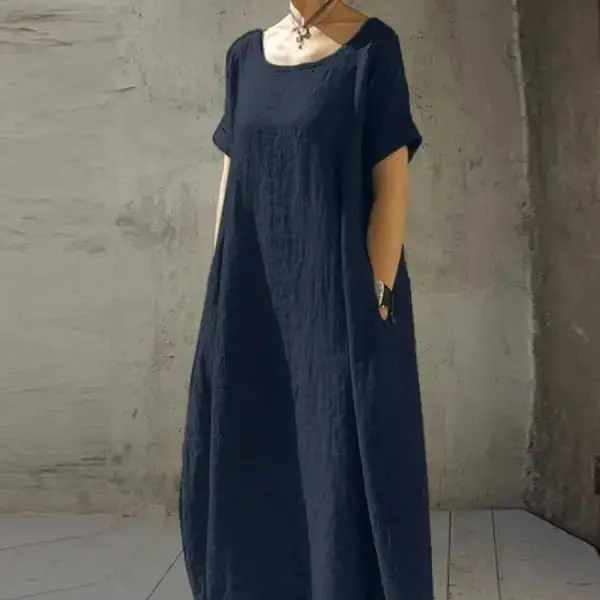 Cotton-Linen Round-Neck Waist-Detail Dress For Women 1