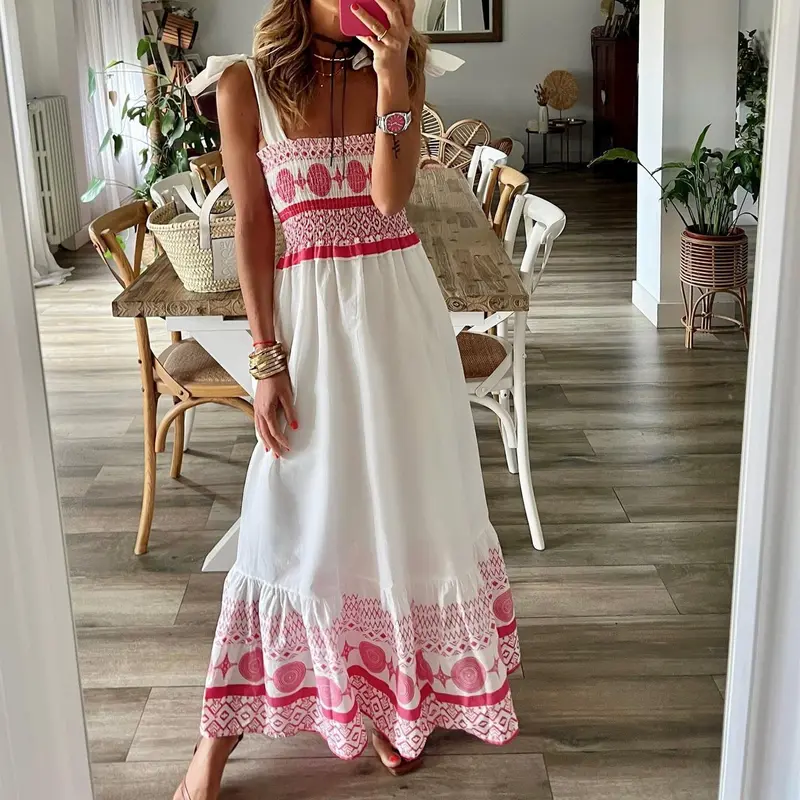 Elastic Waist Printed Long Dress – Tie-Neck Flowy Design 1