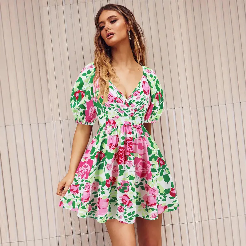 Feminine Lantern Sleeve Short Dress For Spring & Summer 1