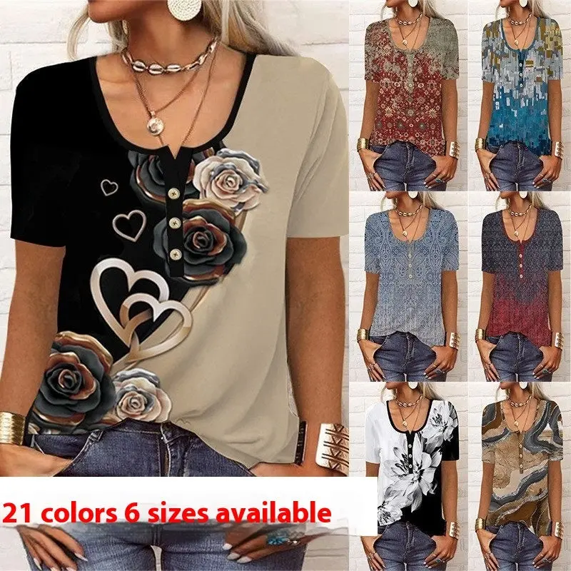 Geometric Floral U-Neck Short Sleeve T-Shirt For Summer 1
