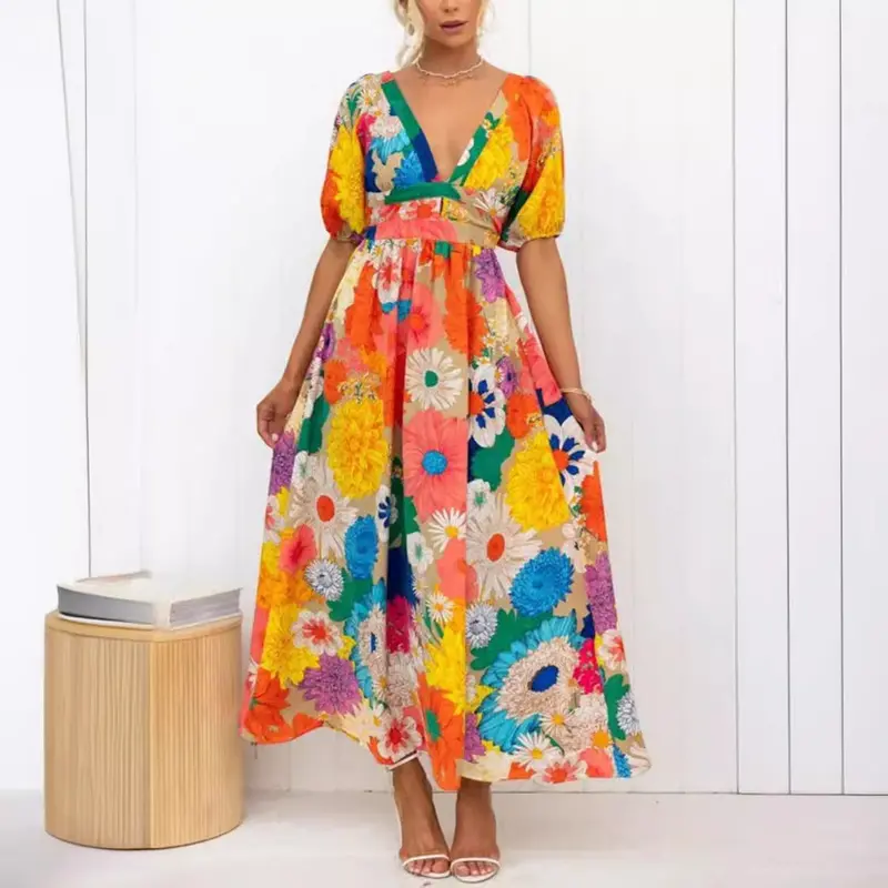 Holiday Dress For Women: V-Neck With Puff Sleeves And Festive Print 1
