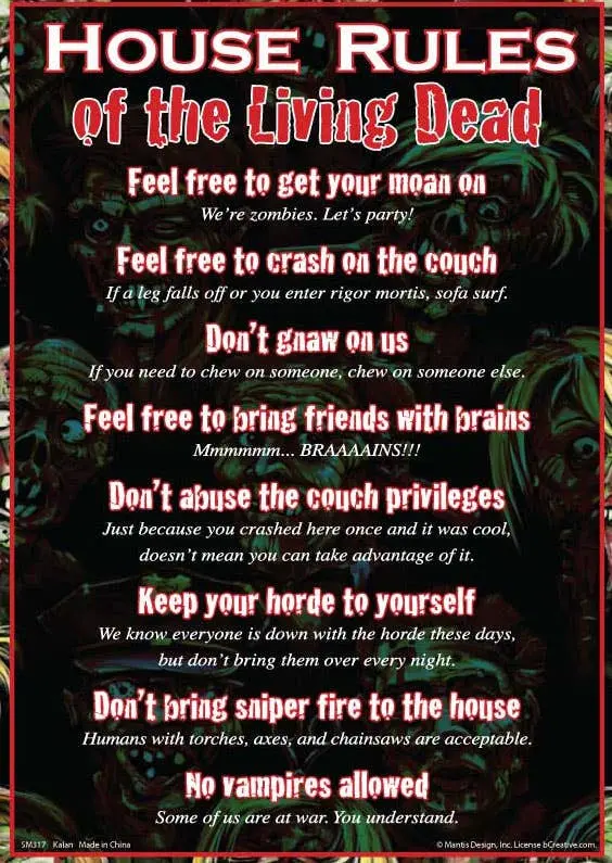 'House Rules: Living Dead' Humorous Metal Sign – Kalan Lp Sm317 Decorative Plaque 1