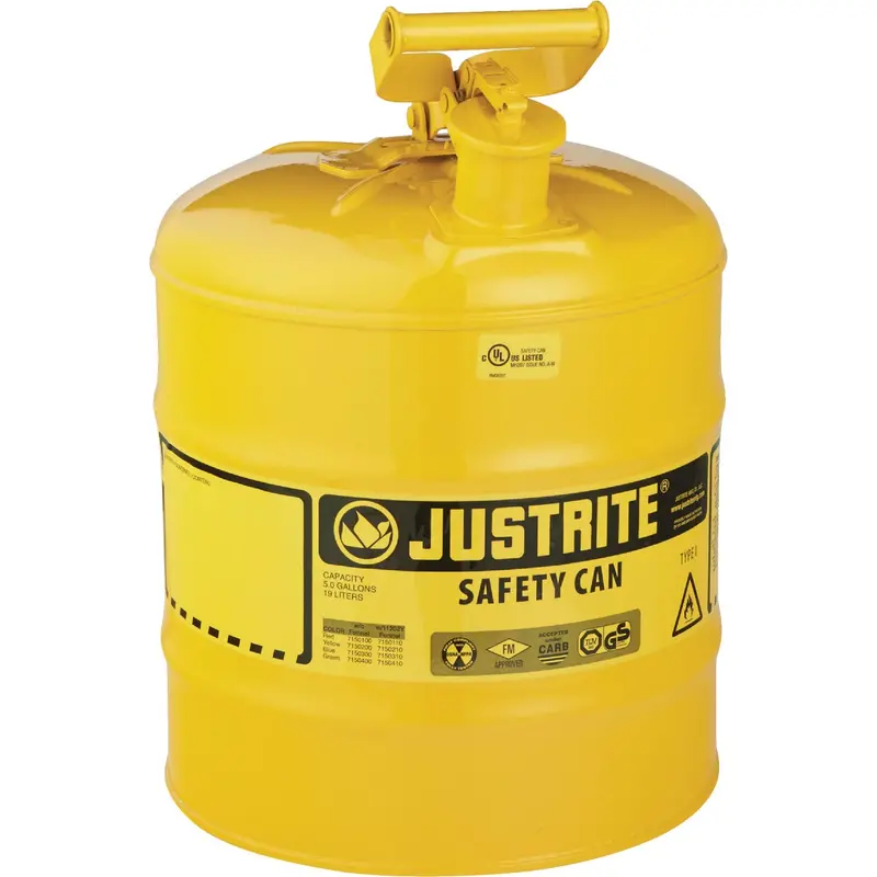 Justrite Type I Safety Fuel Can – 5-Gallon Yellow Galvanized Steel Gas Container 1