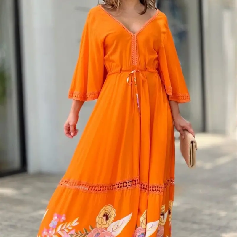Lace-Printed V-Neck Long Dress With 7-Point Sleeves & Asymmetrical Hem 1