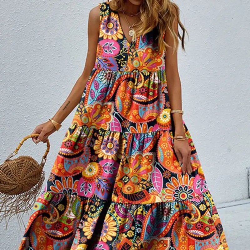 Loose Floral V-Neck Vest Dress With Swing Silhouette 1