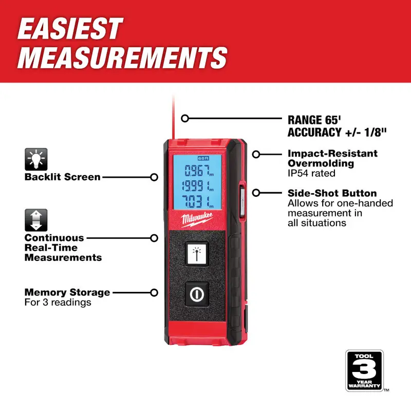 Milwaukee 65-Foot Laser Distance Measurer With Easy-Read Screen 1