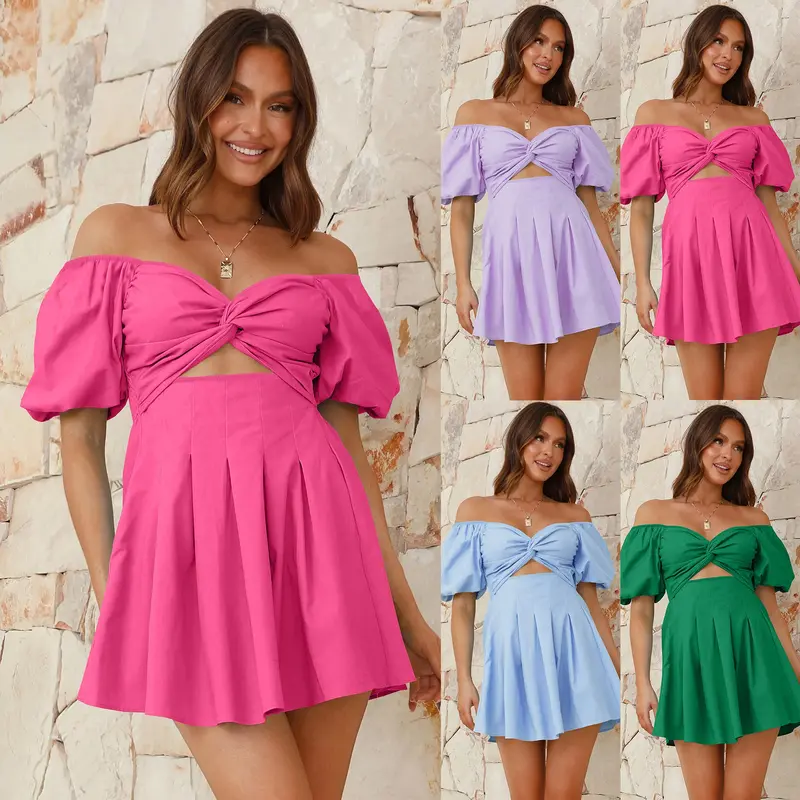 Off-Shoulder Pleated Dress With Lantern Sleeves 1