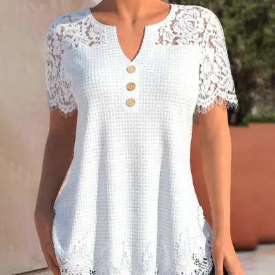 Plus-Size Knitted Lace-Trimmed Short-Sleeve Tee 1