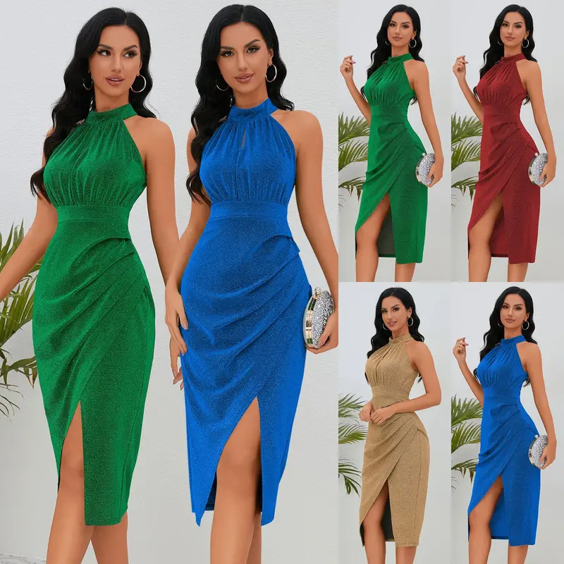 Slim-Fit Shiny Stand-Collar Formal Dress With Asymmetric Slit 1