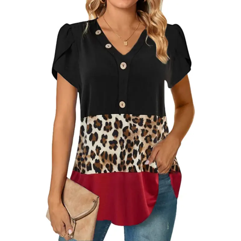 V-Neck Short-Sleeve Button-Front Top With Tailored Stitching 1
