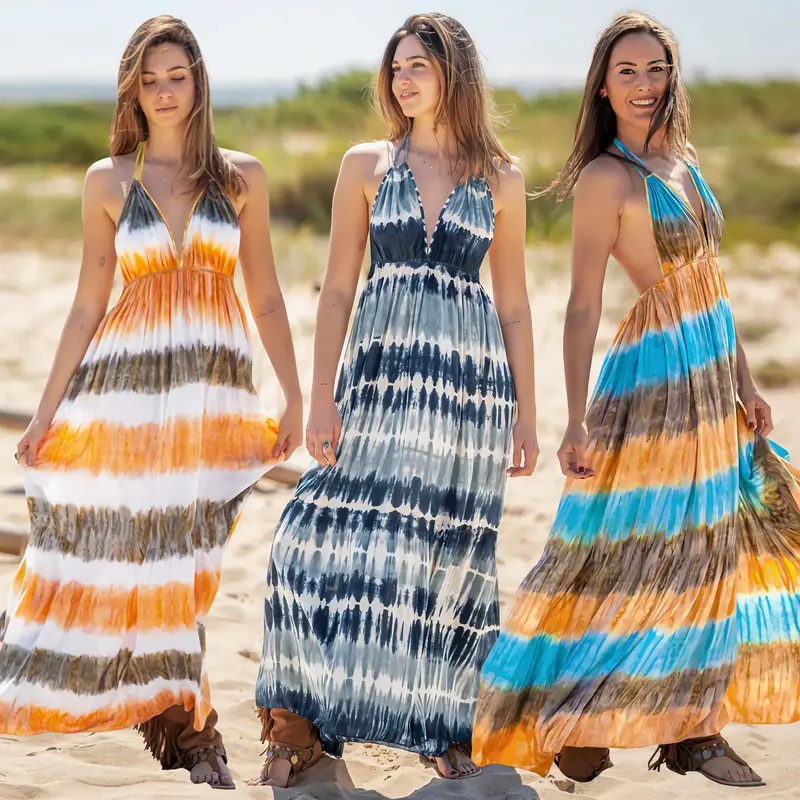 Wave-Print Sling Dress With Backless Design For Women 1