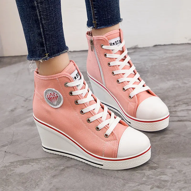 Wedge Heel Canvas Lace-Up Shoes – Side-Zip Casual Flats