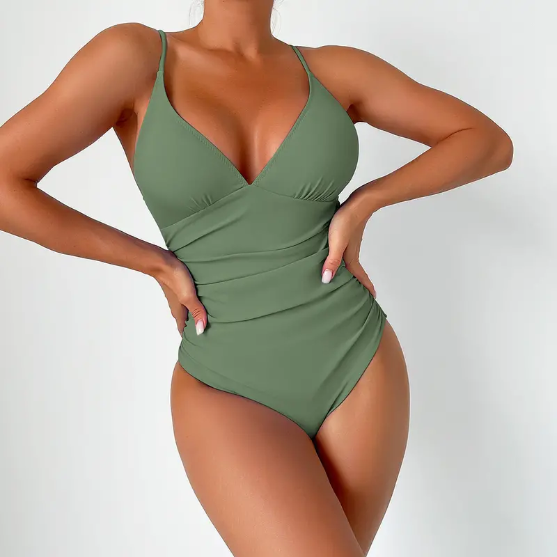 Women’S Deep V-Neck Solid-Color One-Piece Swimsuit With Ribbon Detail & Built-In Chest Pad 1