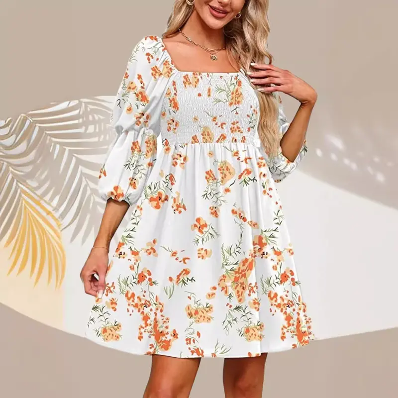 Women'S Floral-Motif Dress With Puffed Sleeves 1