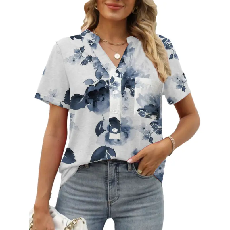 Women'S Floral-Print Short-Sleeve V-Neck Blouse 1