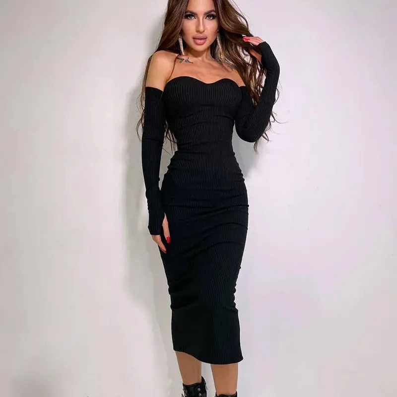 Women'S Off-Shoulder Long-Sleeve Knit Dress With Hip Accent 1