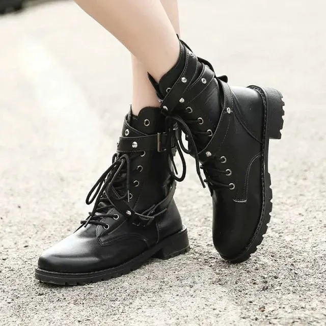 Women’S Retro Motorcycle Boots – Mid-Heel Army-Style Martin Boots 1