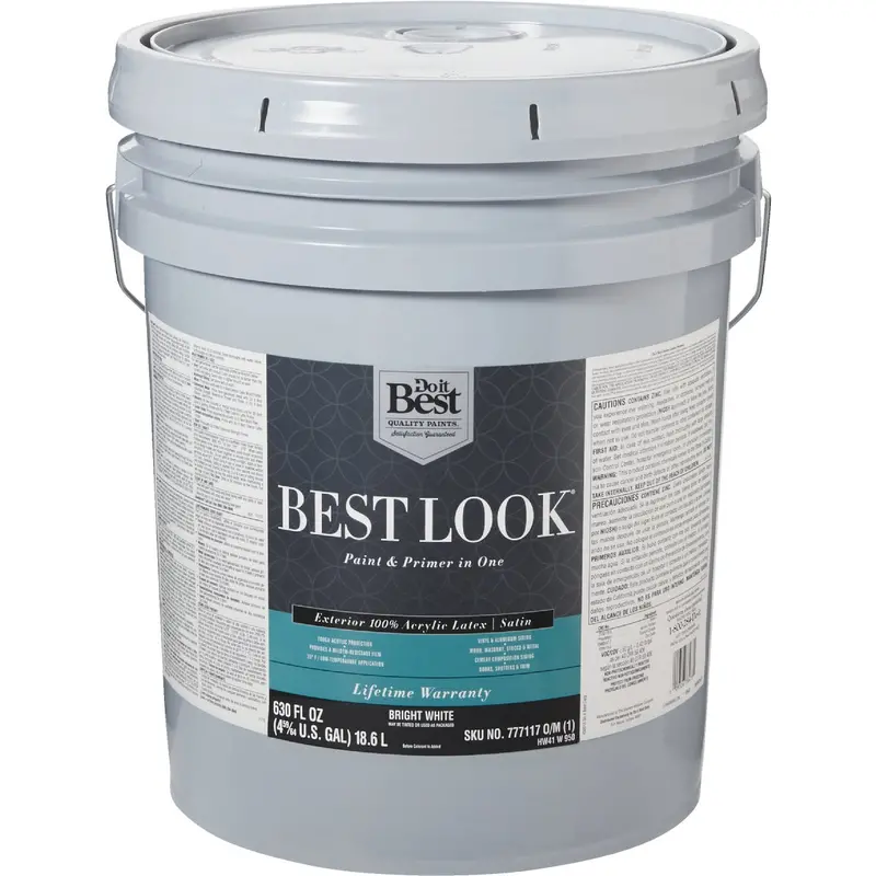 Best Look Satin Exterior Paint & Primer In One – Bright White, 100% Acrylic Latex (5 Gal) 1