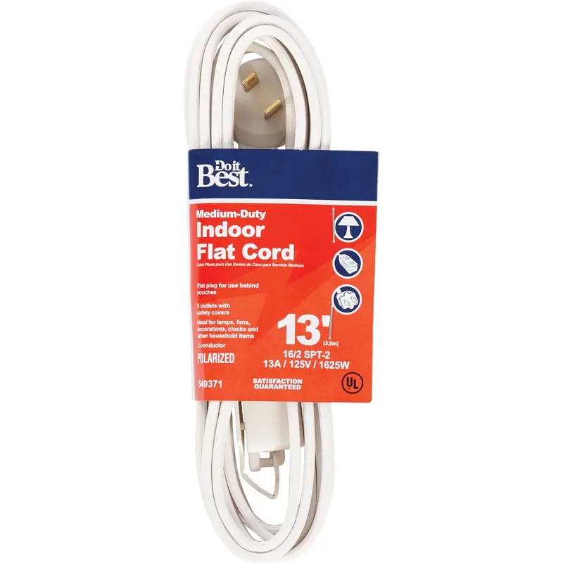 Do It Best Flat Extension Cord – 13 Ft., 16/2 Gauge, White With Plug 1
