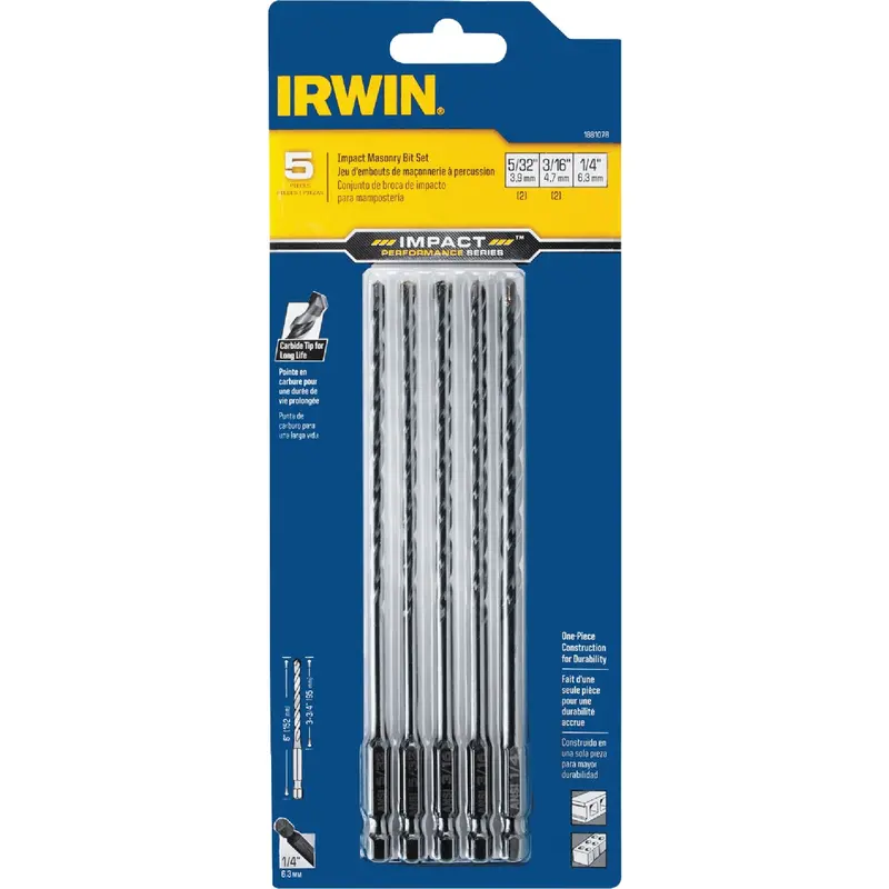 Irwin Masonry Drill Bit Set – 5-Piece Carbide-Tipped Concrete Bit Collection 1