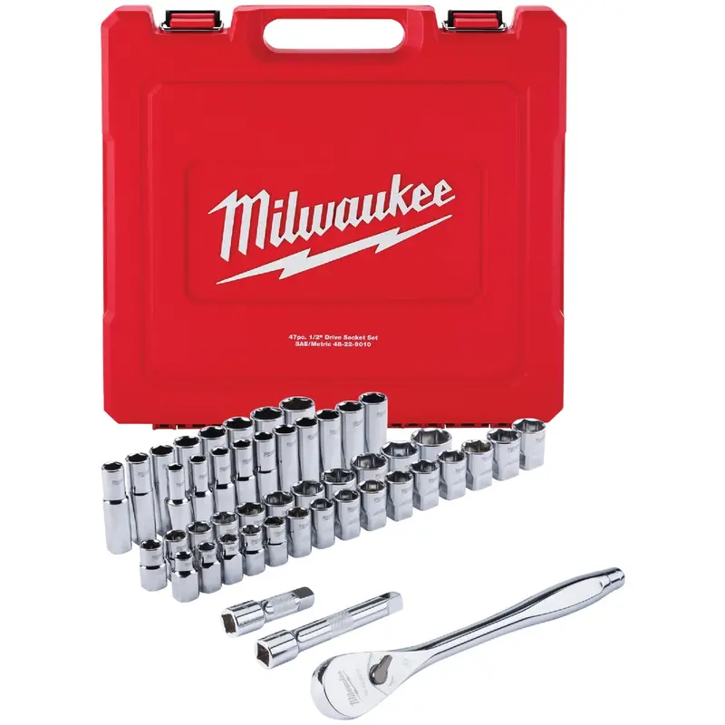 Milwaukee 1/2 In. Drive 6-Point Ratchet & Socket Set – 47-Piece Standard/Metric Kit 1