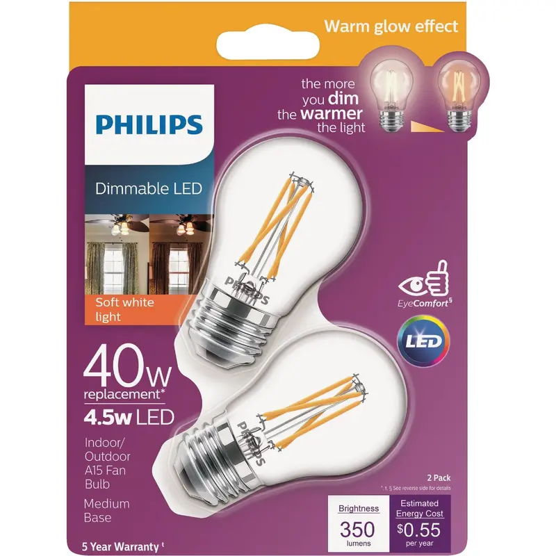 Philips Warm Glow A15 Led Bulb – 40W Equivalent, Dimmable, Medium Base (2-Pack) 1