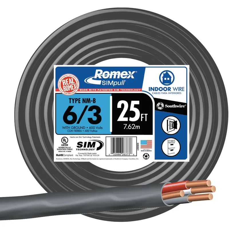Romex Nmw/G Stranded Electrical Cable – 6-3 Gauge, 25-Foot Black Roll 1