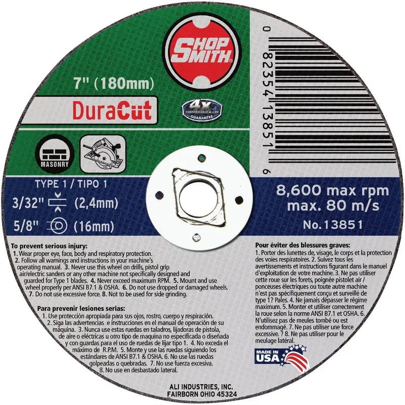Shop Smith Duracut Masonry Cut-Off Wheel – 7" X 3/32" X 5/8", Type 1 1
