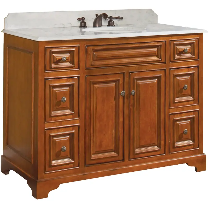 Sunny Wood Cambrian Cherry Vanity Base – 48" W × 34" H × 21.5" D With Dual Doors & Four Drawers 1